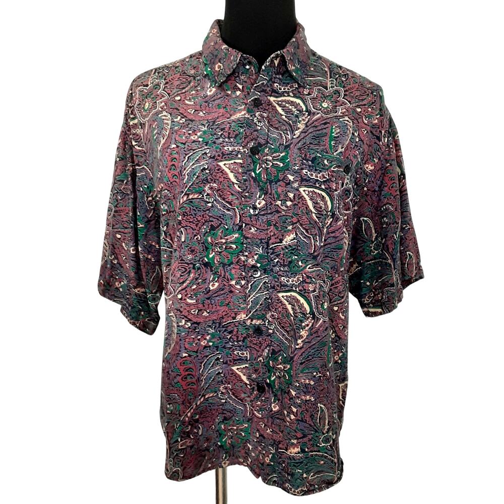 Vintage 90s Paisley Button Up Shirt Short Sleeve Adult M Art to Wear Quirky
